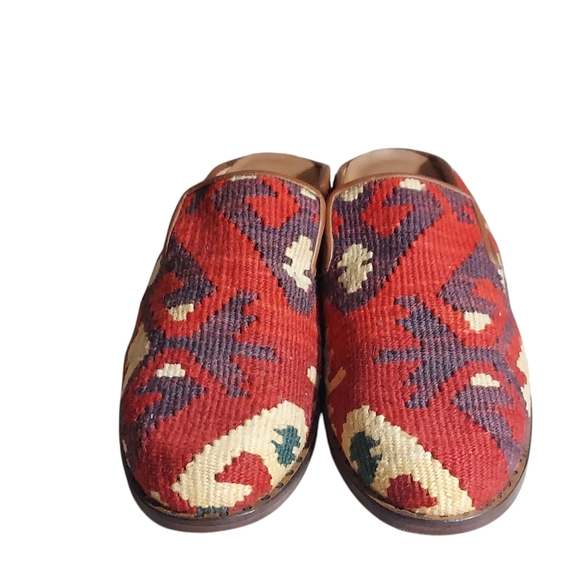 Vintage Red Brown Turkish Wool Rug Mules Slip Ons Stacked Wood Block Heels - Picture 14 of 16